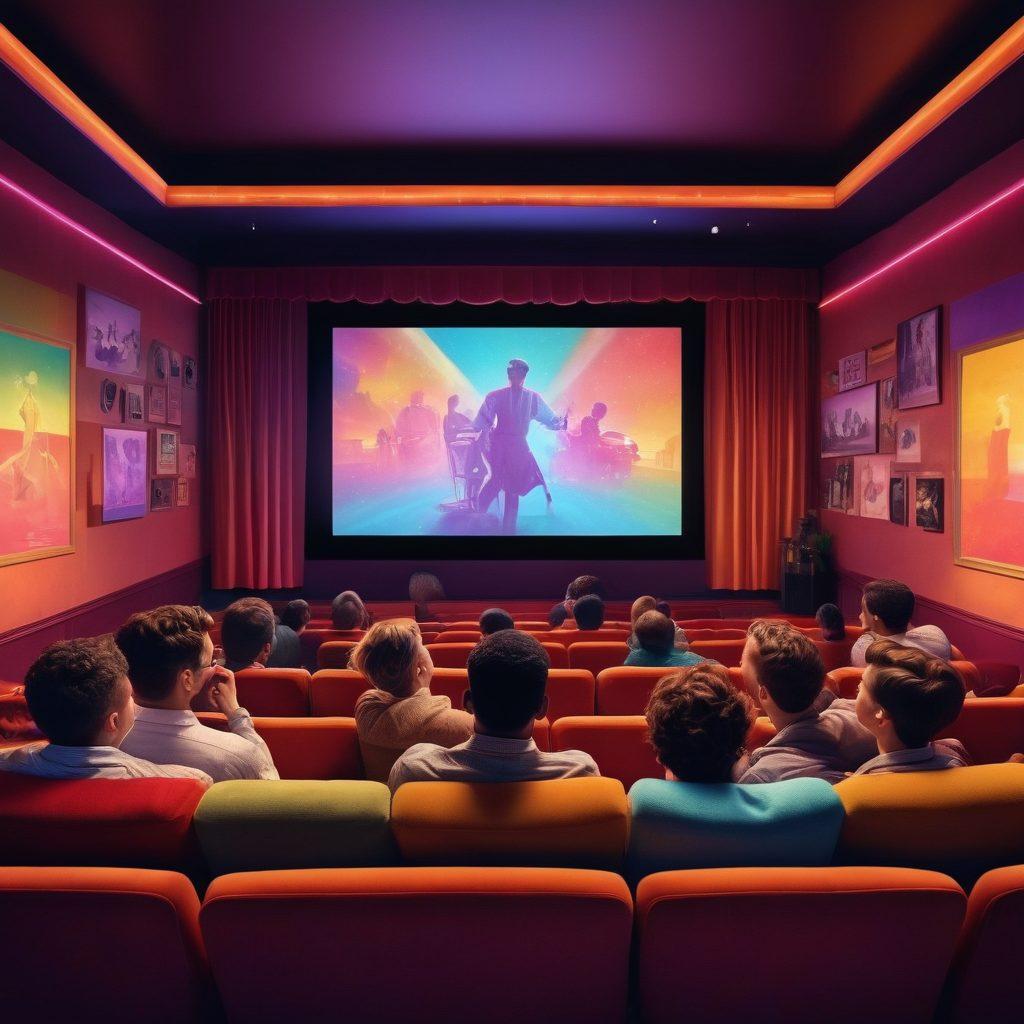 A vibrant scene depicting a diverse group of people sitting in a cozy, retro cinema, engaged in watching a twink film. The screen illuminates their faces with colorful highlights, showcasing a mix of emotions like joy, nostalgia, and contemplation. Posters of iconic LGBTQ+ films adorn the walls, emphasizing representation and community. Include touches of pride flags and film reels scattered about for added context. nostalgic cinema style. vibrant colors. cinematic atmosphere.