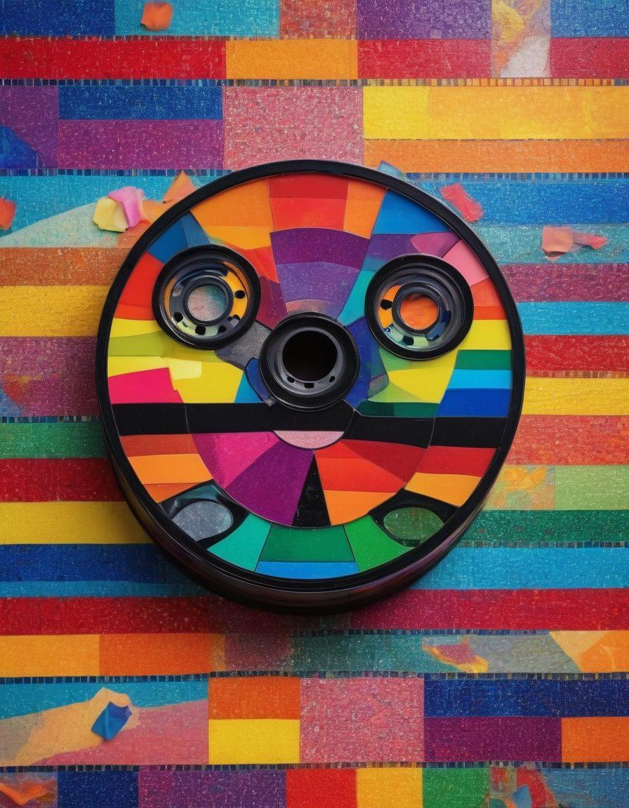 A vibrant film reel unwinding across a colorful mosaic backdrop, featuring iconic scenes from various twink films, with elements symbolizing LGBTQ+ pride like rainbow flags and playful silhouettes. Bright lights illuminate the scene, capturing the joy and celebration of cinema and adult entertainment. Pop art style with a bold color palette. super-realistic. vibrant colors.