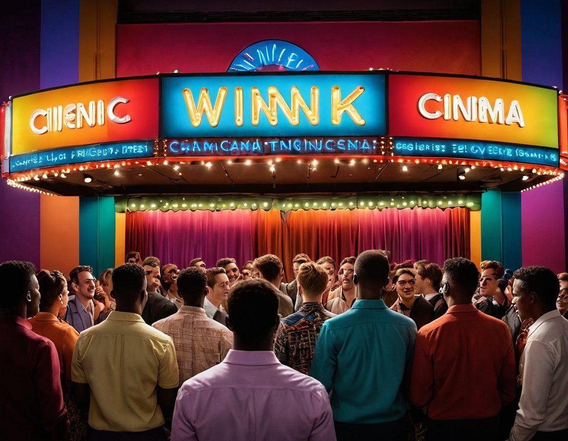 A vibrant and colorful scene depicting a vintage cinema marquee glowing with the words 'Twink Cinema' and adorned with rainbow lights. In the foreground, diverse young men celebrate, dressed in bold, stylish outfits, enjoying the energy and excitement of the film screening. A backdrop featuring film reels and silhouettes of iconic queer films adds to the atmosphere, emphasizing the cultural impact. The entire image is infused with an uplifting, celebratory vibe. super-realistic. vibrant colors. 3D.